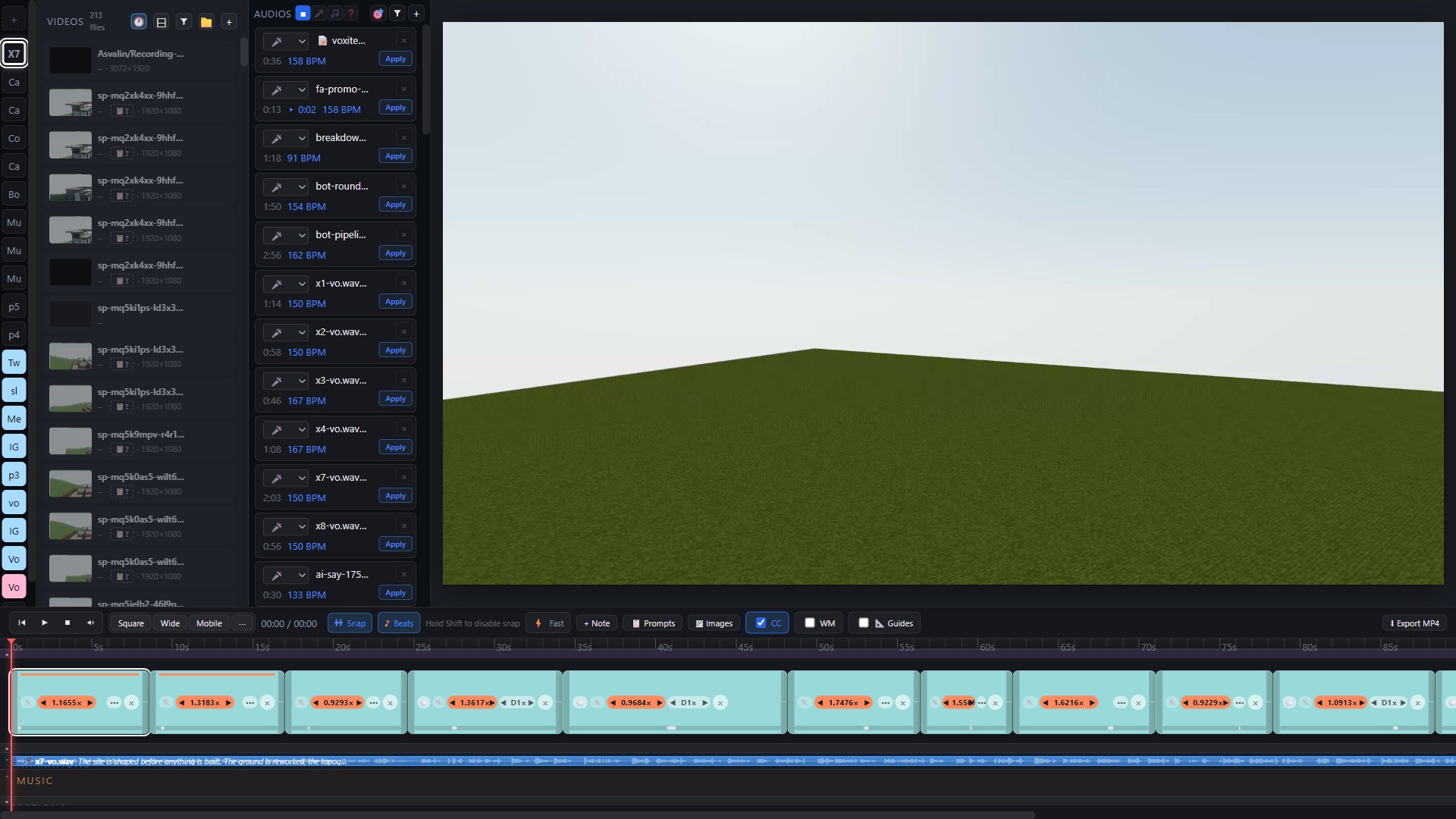 Full editor overview with media library, audio tools, timeline and word ribbon